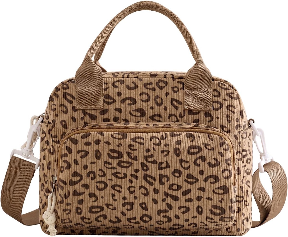 koeltas lunchtas voor dames, geïsoleerde thermotas, waterdicht, inhoud 9,5 l, voor kantoor, school en picknick, met verstelbare schouderriem, cord, bruin luipaard