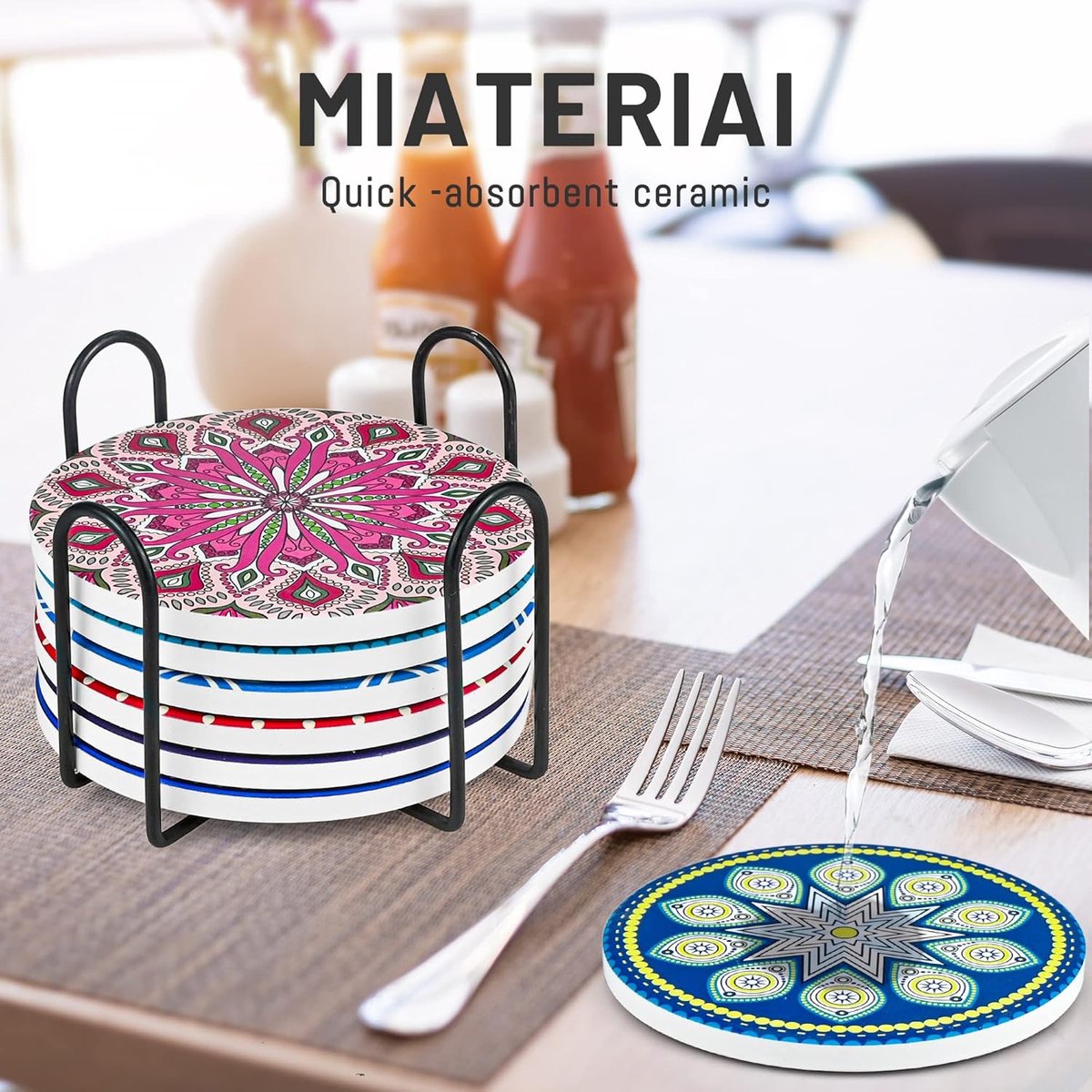 Onderzetters, set van 8, keramische ronde onderzetters met houder, absorberende onderzetterset met antislip kurkbasis en keramische stenen bekerpad voor kopjes, mok, wijnglas, thuis, keuken en — cadeau in Wonen & Interieur - foto 2