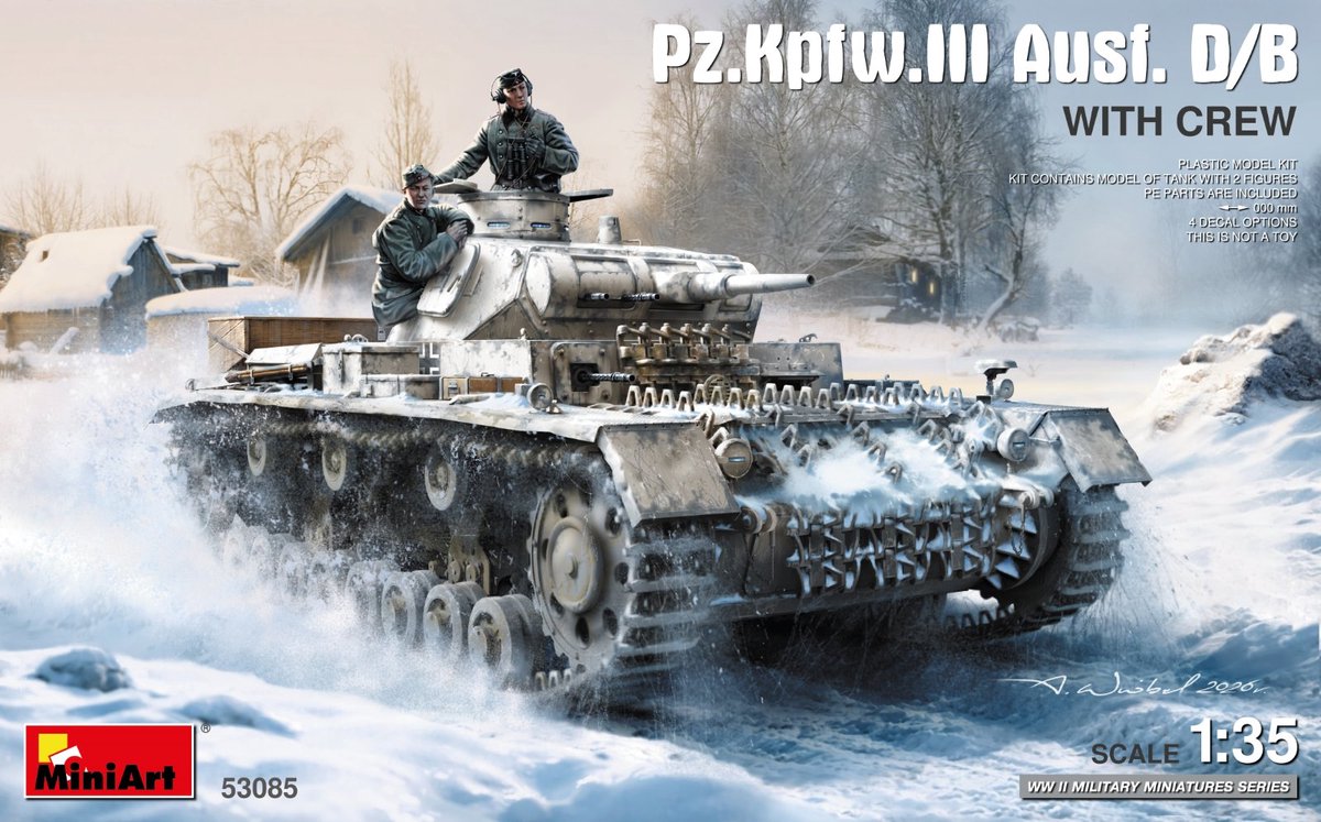 MiniArt Modelbouwpakket Militaire voertuigen - 53085 Pz.Kpfw. III Ausf. D/B met Bemanning WWII - Duitse Tank en 2 Figuren Plastic - 1:35 - Modelbouw