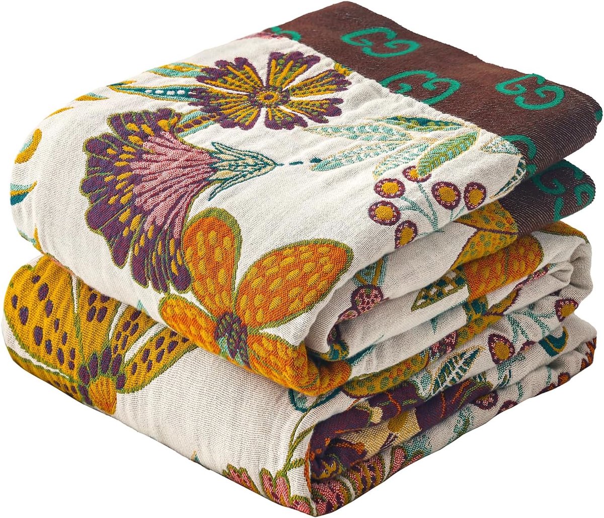 Boho grote deken, 100% biologisch katoen zachte slaapbank gooi-bloemen boerderij decor deken, omkeerbare Boheemse plaid voor bed stoel dekbed en cadeau, 152 x 203 cm - BeigeWhite