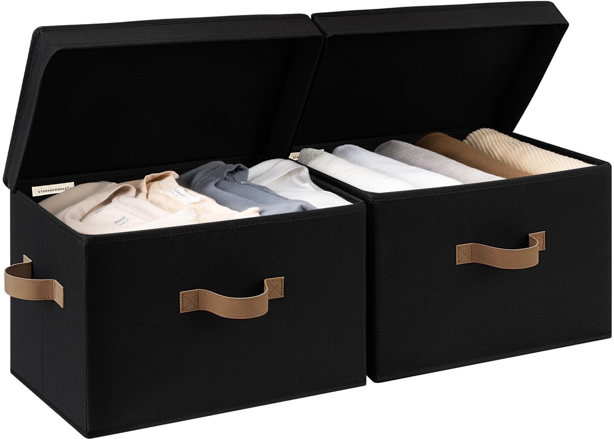 Opbergdozen met deksel, opvouwbare wasmanden met handvatten voor opbergorganisatie in de kast, speelgoed 39.5 x 26.5 x 25 cm, grote opbergboxen voor planken, zwart, set van 2