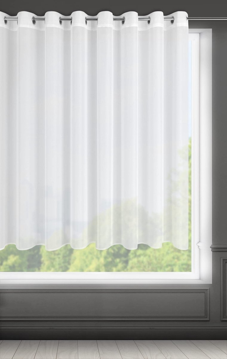 Gordijn met ingestanste ringen, 1 stuk, transparant, linnenlook, doorzichtig, effen, voor slaapkamer, woonkamer, kinderkamer, polyester, wit, 300 x 160 cm