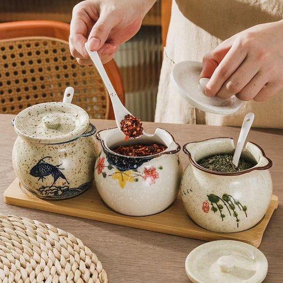 keramiek, suikerpot met deksel en lepel, 300 ml keramische kruidenpotjes, kruidenpot met deksel voor suiker, zout, kaas, specerijen — afbeelding 3
