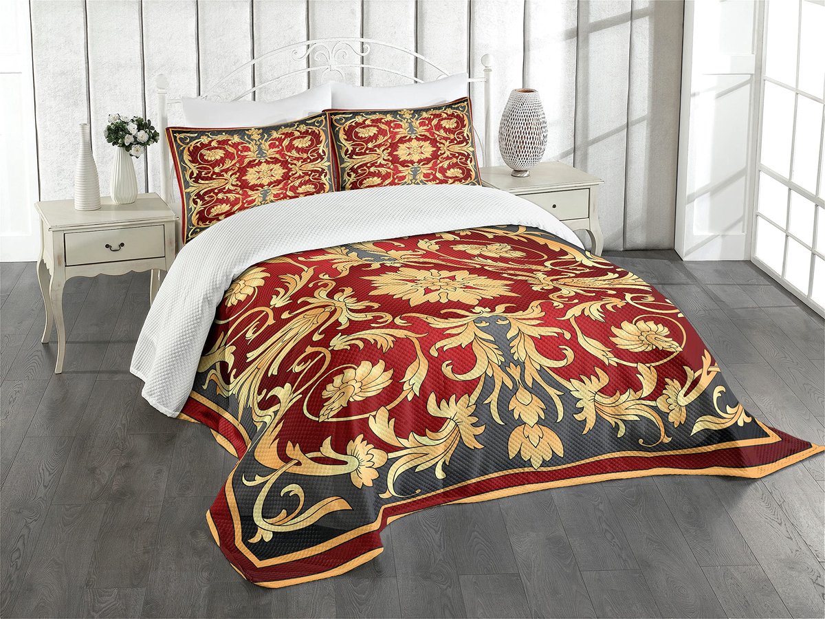 Bedsprei, spiraal Loof, Decoratieve Gewatteerde 3-delige Spreiset met 2 Kussenhoezen, 264 x 220 cm, Ruby Mosterd Black