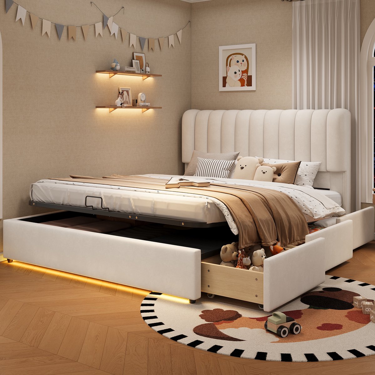 STILVORA Kinderbed 140x200 cm – Stauraumbed Met Gasdrukveer & LED-Verlichting – Met 3 Lades – Voor Kinderkamer Of Tienerkamer – Fluweel – Beige – Zonder Matras
