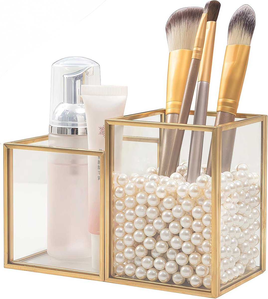 Make-up kwasthouder, goud, cosmetica-organizer, glas, cosmeticakwastenhouder, make-up kwasten opslag, make-up organizer voor kwasten, eyeliner, lippenstiften, mascara-opslag