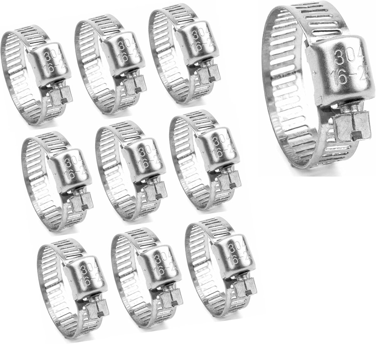 schroefklemmen, set van 304 roestvrij staal, 10 stuks, 16-25 mm, verstelbare klemmen, slangklemmen voor benzineslang, huisgasslang en meer