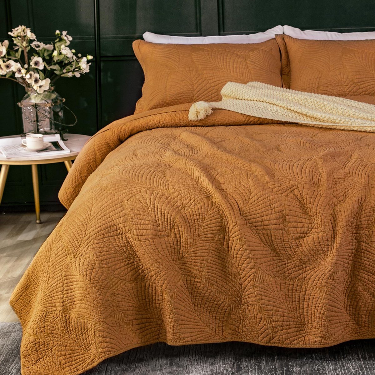 Spreien, zachte en comfortabele katoenen sprei, super kingsize met elegant geborduurd palmbladpatroon, 3-delige sprei, dekbedsets met kussenslopen, oranje 250 x 270 cm