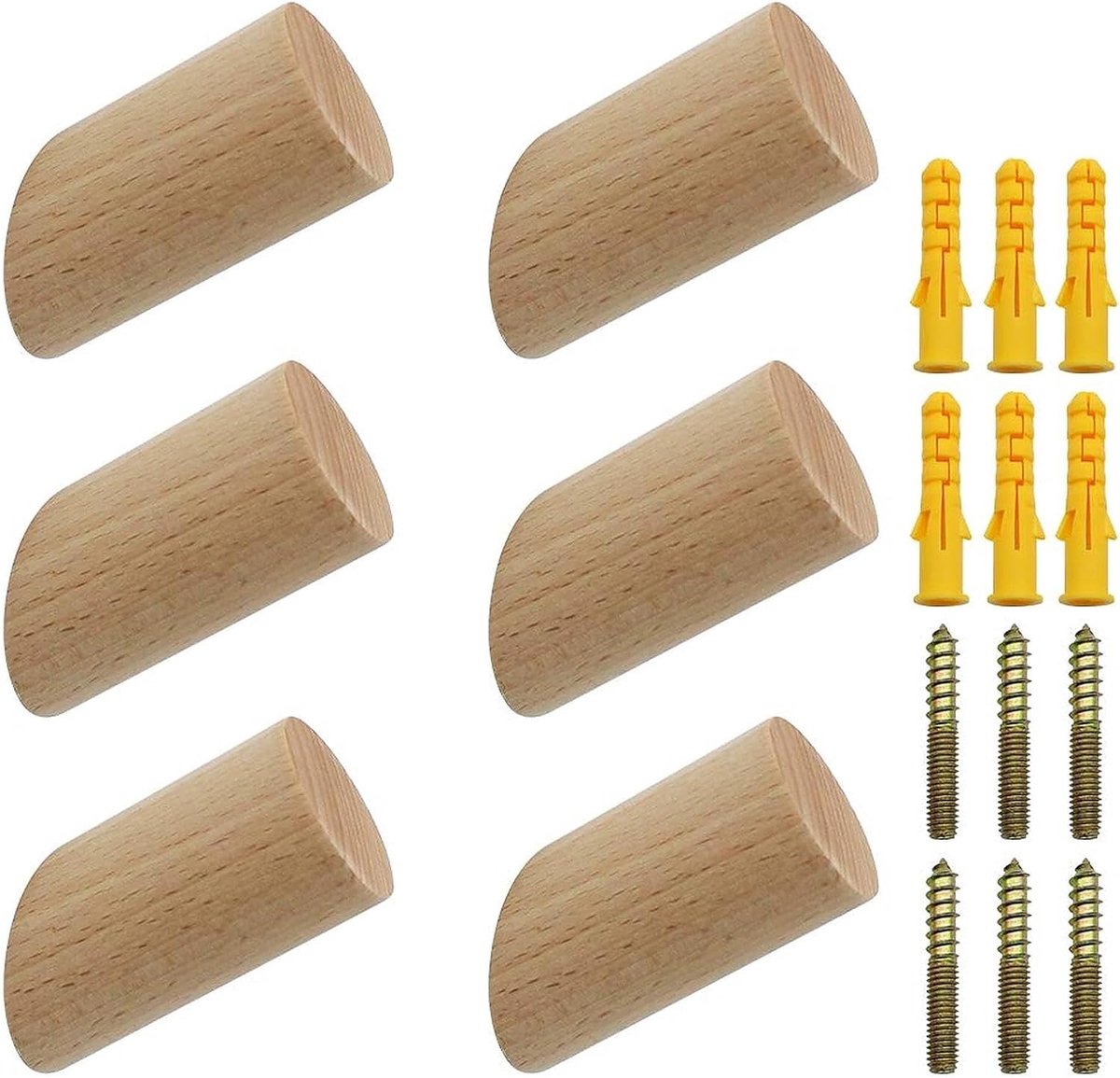 6 stuks houten kledinghaken, natuurlijke houten wandhaken, 3 x 6 cm, beukenhaken, 45 graden, haken voor kleding, sjaal, hoed, tas, maximale belasting 15 kg