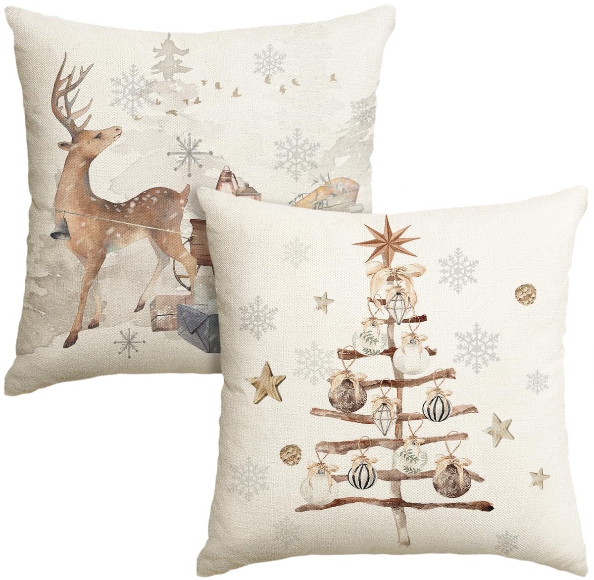 Mode Boom Hert Slee Sneeuwvlokken Kerstkussenslopen Set van 2, 45x45 cm Geschenken Decoratieve Kussenhoes Voor Sofa Woonkamer Buitendecoratie