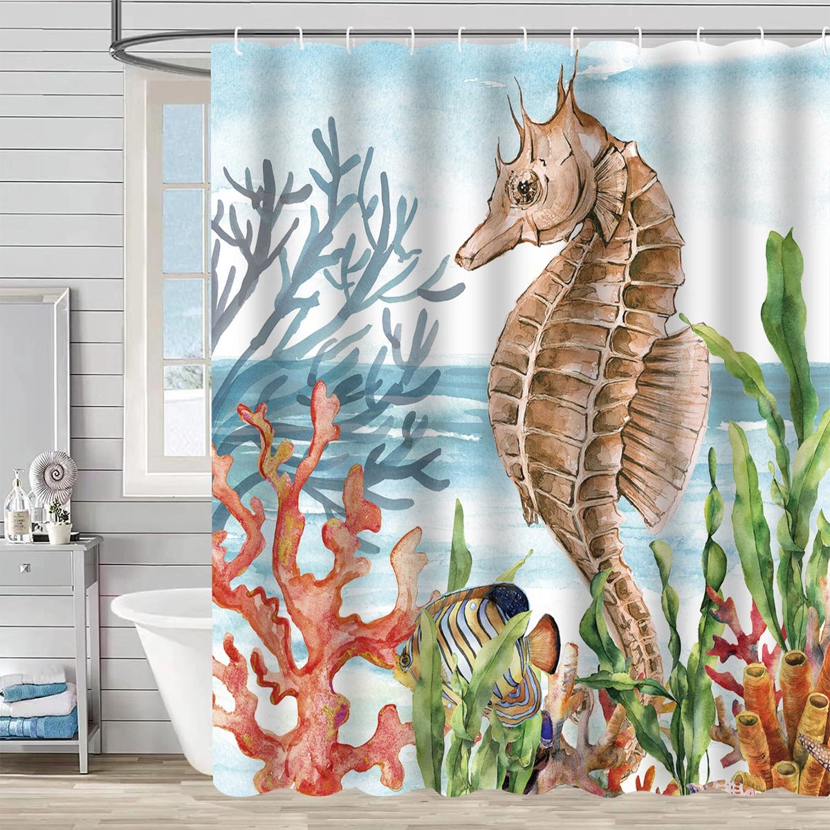 Douchegordijn 180 x 180 cm natuur zee plant decoratieve badkuip waterdicht polyester stof wasbaar badgordijn voor badkamer met haken B9320