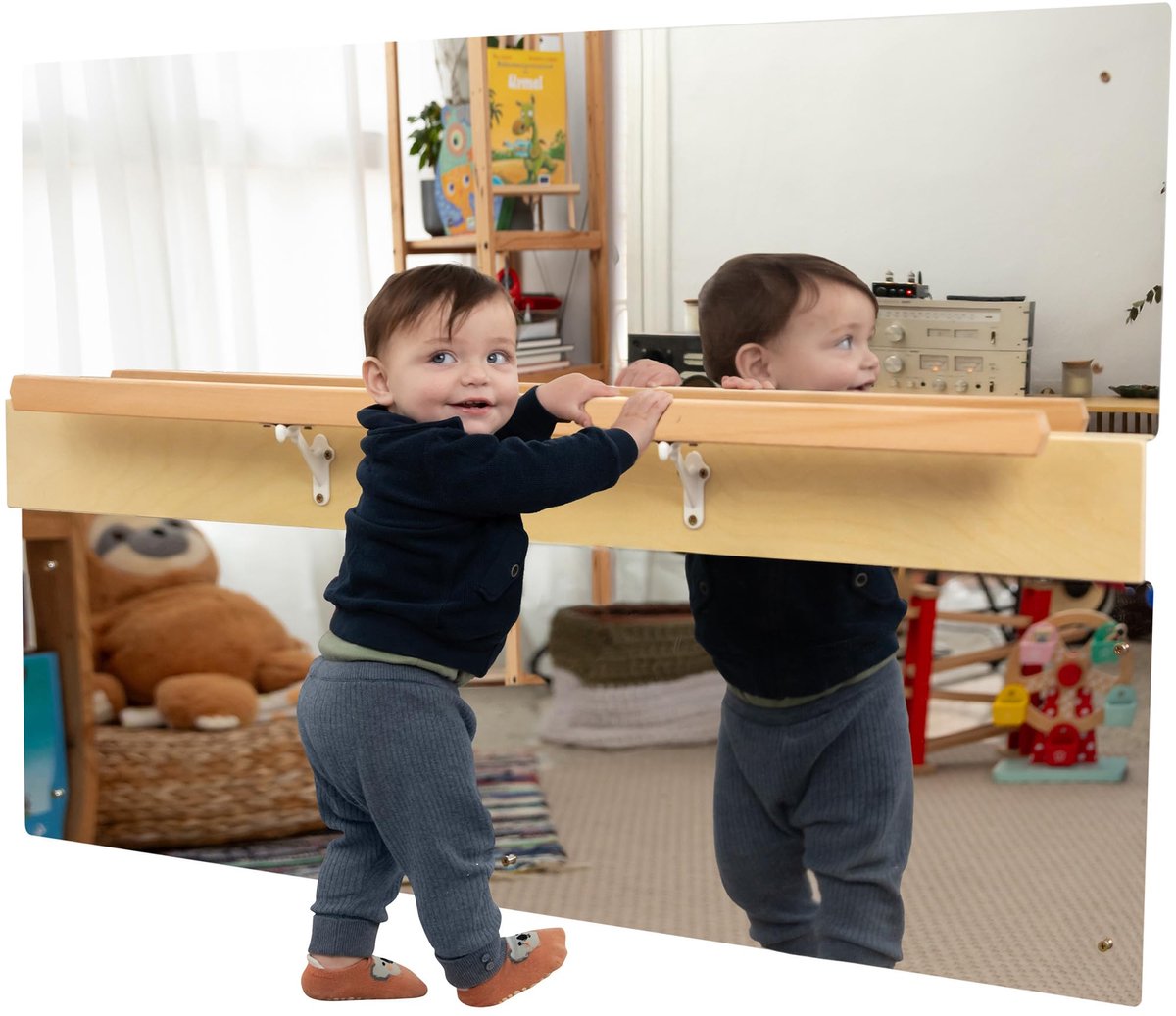 Spiegel met Stang voor Peuters | Baby Wand Optrekken voor Zelfstandig Staan & Lopen | Houten Pull-Up Speelkamer & Klaslokaal