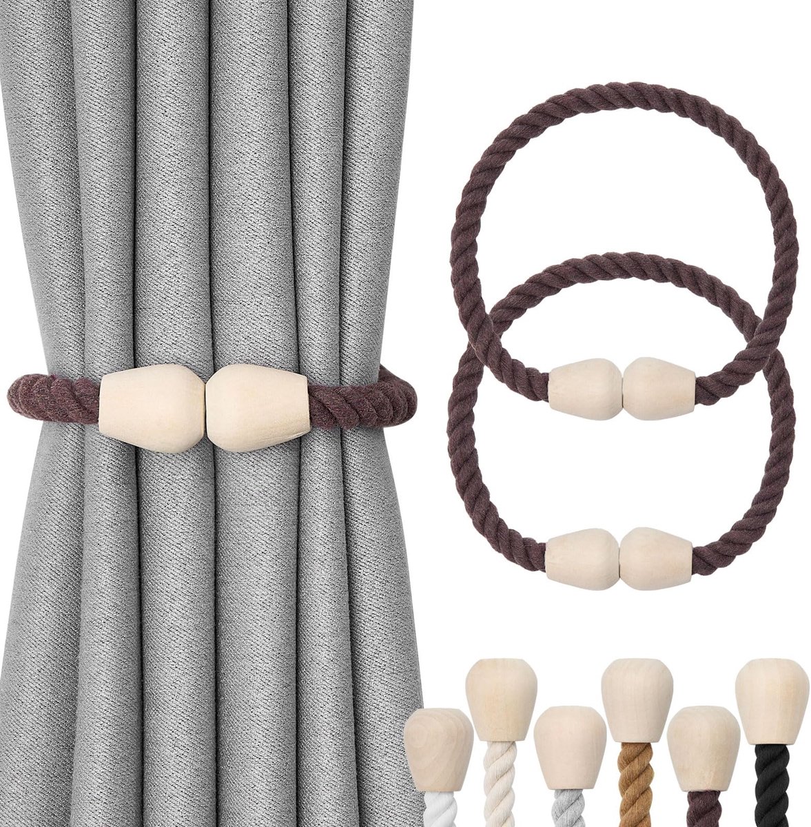 Gordijnhouders van hout, boho-decoratie, gordijnhouders, natuurlijk katoen, handgeweven, voor raamgordijnen voor thuis en op kantoor, koffie, 2 stuks