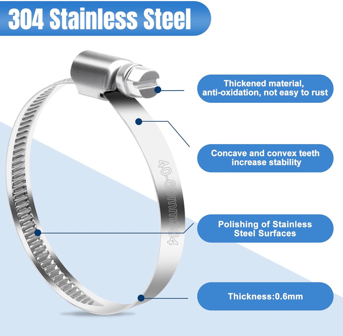 12 stuks slangklemmen roestvrij staal 40–60 mm, hoogwaardige slangklemmen set van roestvrij staal, universele slangklemmen voor water, lucht, brandstofslangen