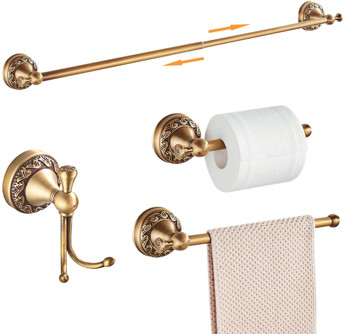 Badkamer Hardware Set, Verstelbare Handdoekhouder, Toiletpapierhouder, Handdoekhouder, Haken Badkamer Accessoires Set Muur (Gesneden Patroon