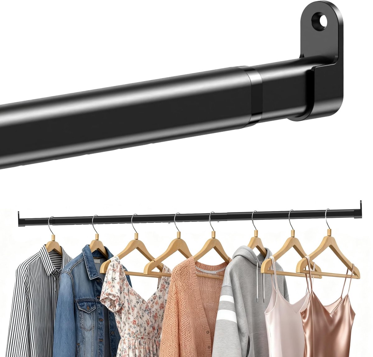 Kledingstang voor kledingkast, zwart, ovaal, 25 mm kledingstang, uitschuifbaar met 2 beugels, voor kledingkast, raam, 43-101 cm