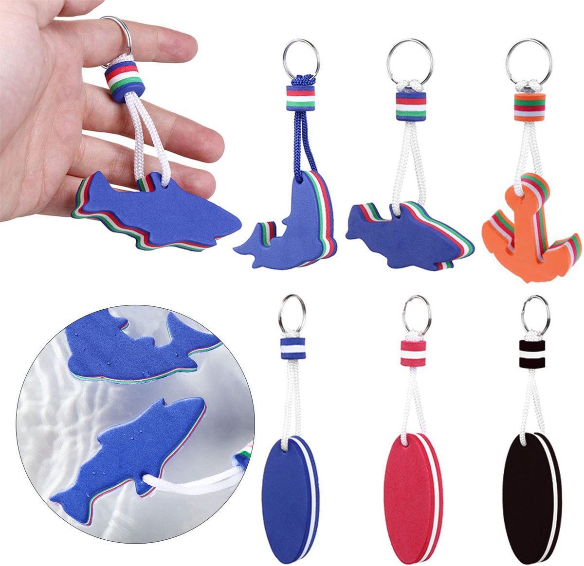 Zwevende sleutelring, 6 stuks, drijvende sleutelhangers, boot, EVA, nieuwigheid, ovaal, dolfijnen, haaien, anker, zwemmer, sleutelhanger voor marine, boot, vissen, zeilen, watersport