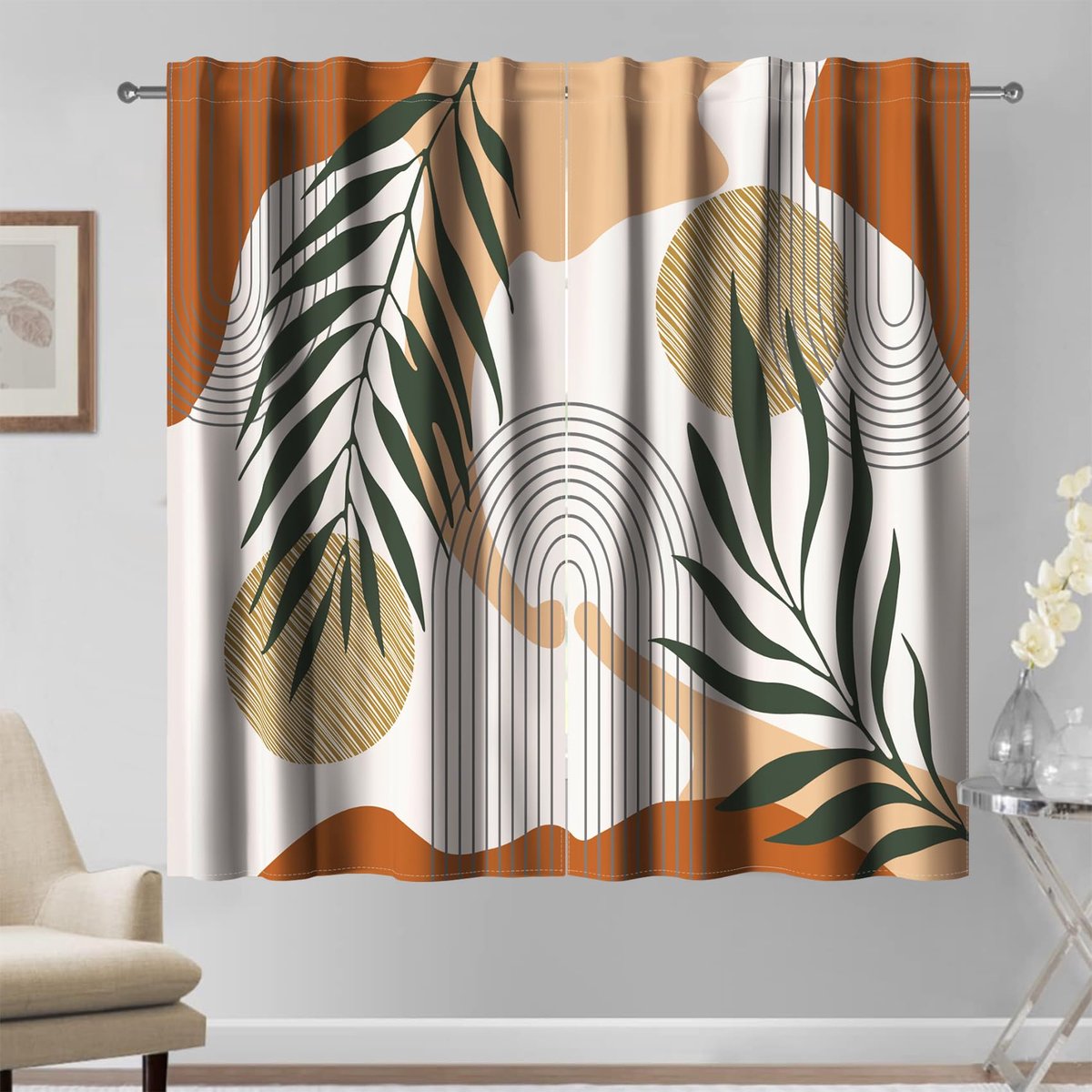 107 x 160 cm, moderne kunstgordijnen, oker kaki, zonne-wilde bladeren, beige, bogen, bohemian, retro, klassiek, gordijn, 2 panelen, raamgordijnen voor slaapkamer en woonkamer