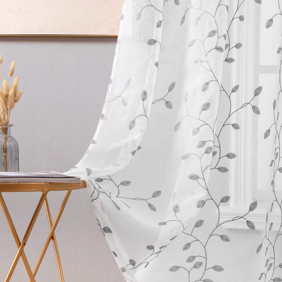 Gordijnen Net Borduurwerk Decoratie Polyester Bladpatroon Voile Decoratieve Raamgordijnen voor Woonkamer Slaapkamer Kantoor Grijs 140 x 245 cm (B x H)