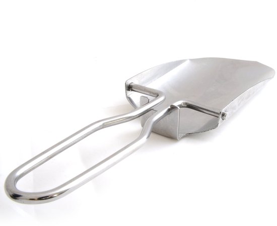 inklapbare mini handschep klapschep van roestvrij staal, zilver, openklapbaar met stevige rondgreep, compact 115 mm x 70 mm x 20 mm, lengte 220 mm, met stofetui — afbeelding 3