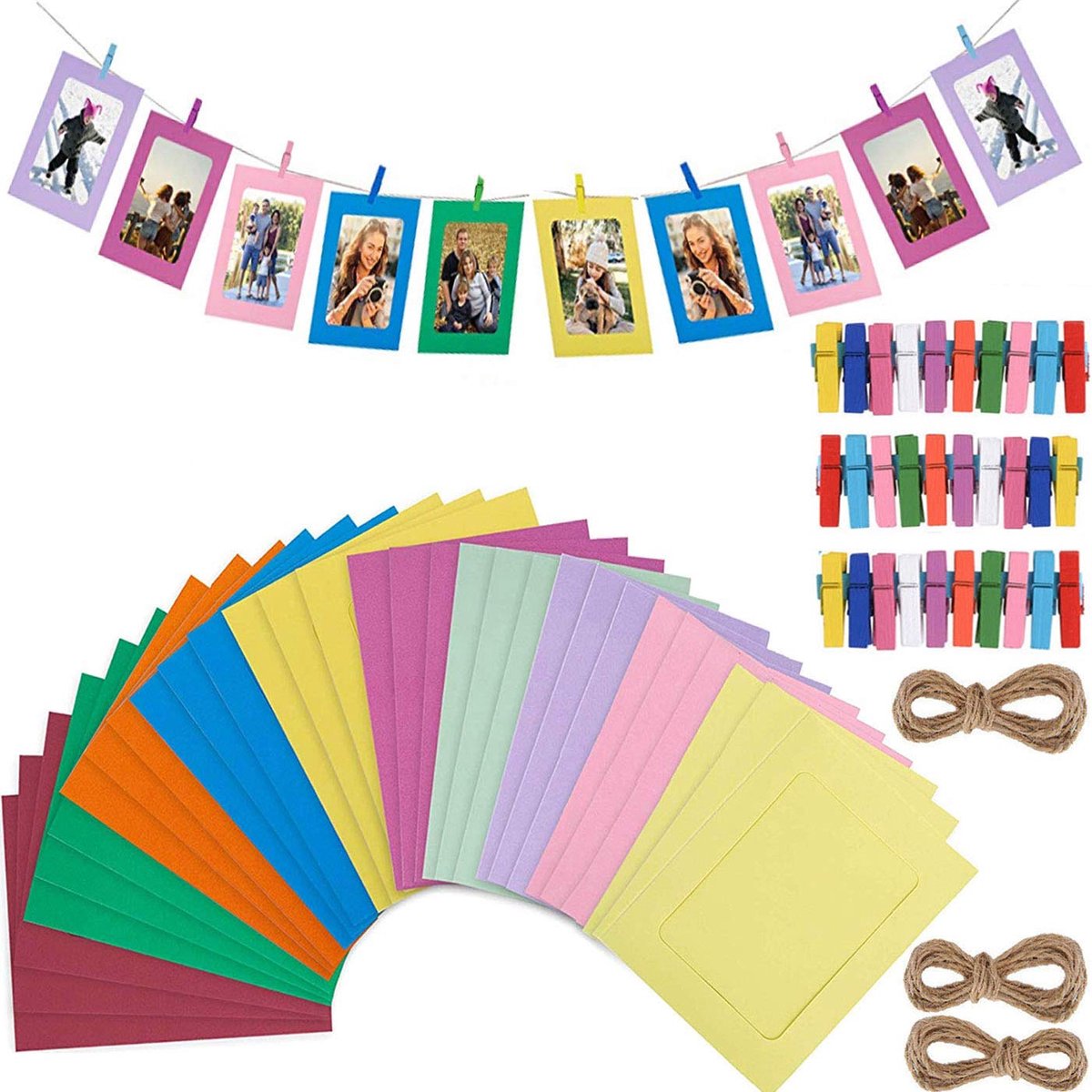 Set van 30 doe-het-zelf fotolijsten van papier met houten clips en kartonnen koord voor wanddecoratie in huis (meerdere kleuren)