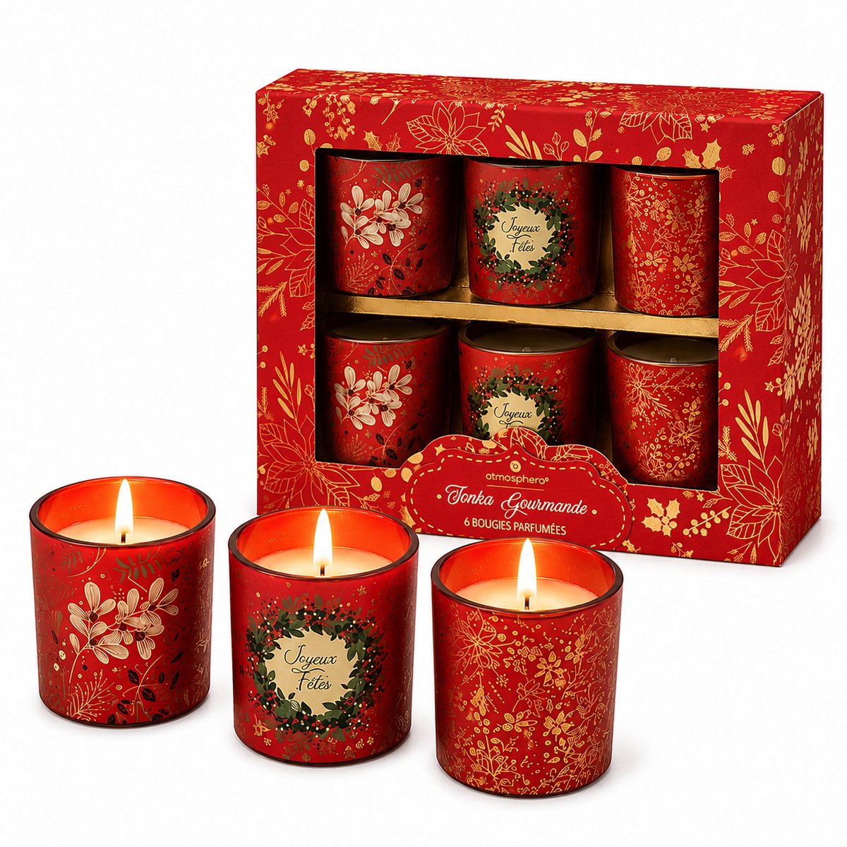 Set van 6 Luxe Geurkaarsen in Rood Glas – Kerst Geurkaarsen Cadeauset – Sfeervolle Kaarsen voor Kerstdecoratie – Woondecoratie – Kerstcadeau – Rood met Gouden Details