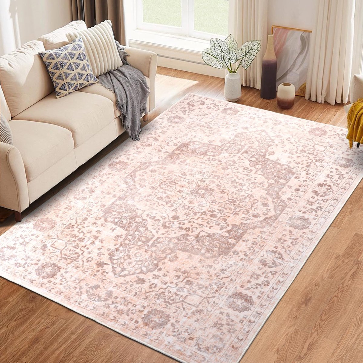 Vloerkleed voor woonkamer, 160 x 230 cm, roze, boho, machinewasbare tapijten slaapkamer, zacht, laagpolig, antislip klassiek tapijt voor eetkamer, kantoor, keuken, kinderkamer