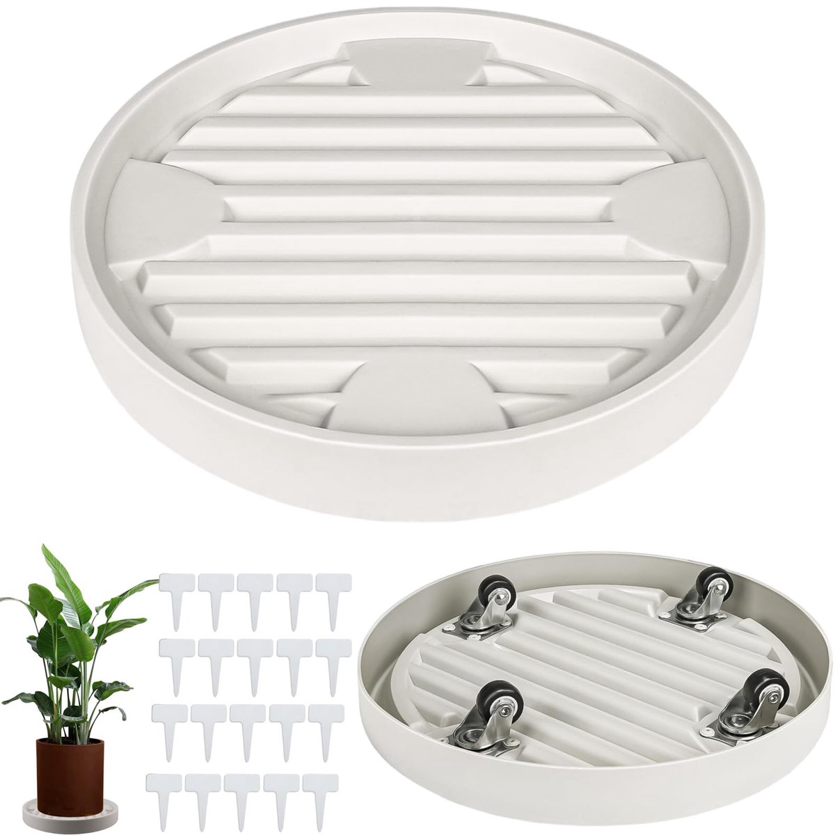 Plantenroller, rond, 22 cm, 2 stuks rolplanken, kunststof, plantenroller, met 4 onderzetters met wielen, 20 plantenborden, voor de huistuin, bloempot (beige)