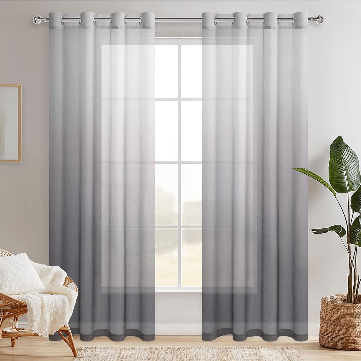 Transparante gordijnen met oogjes, kleurverloop, transparante raamsjaal, decogordijn, gordijn, voile, gordijnen voor slaap- en woonkamer, 225 x 140 cm (h x b), set van 2 stuks, wit grijs