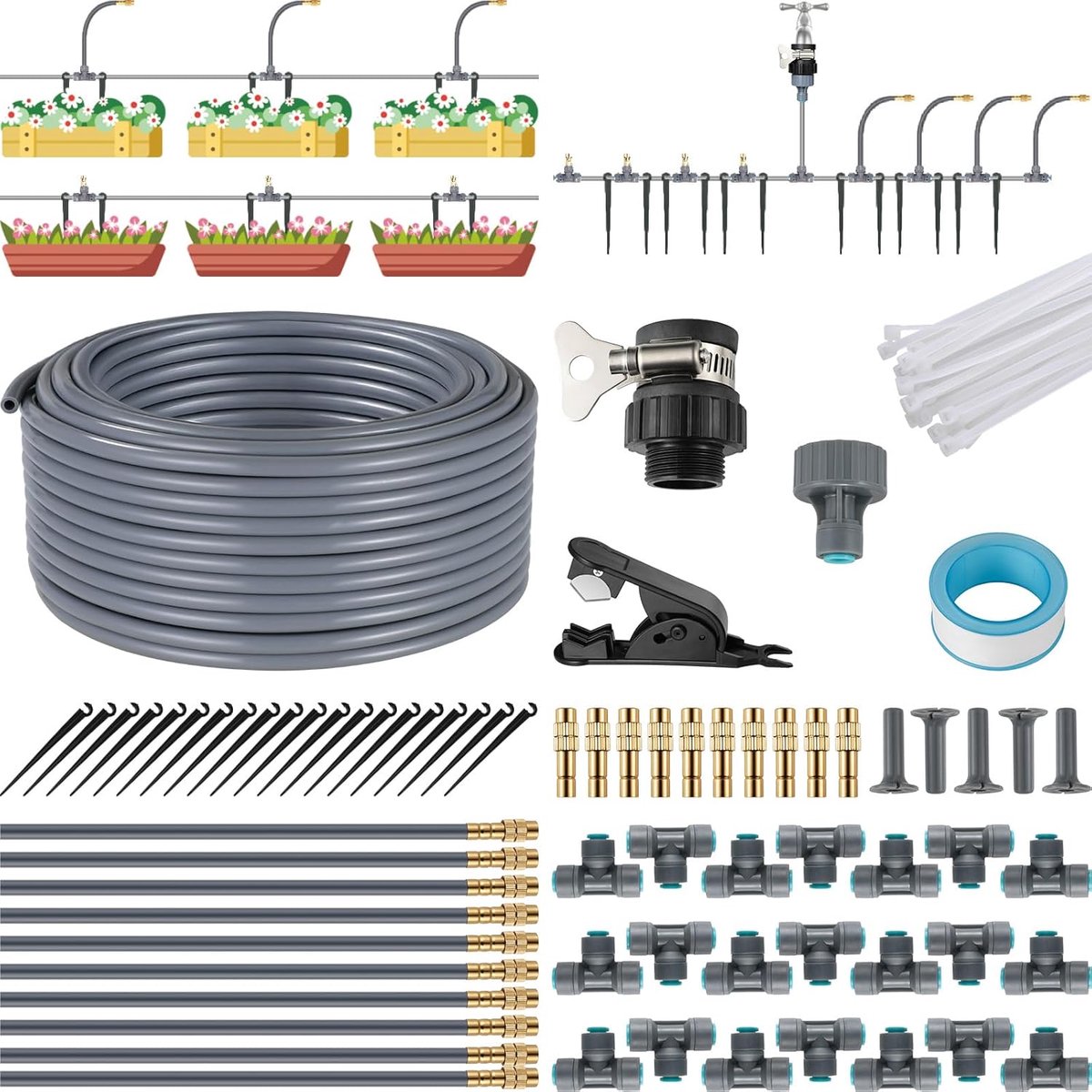 Tuinirrigatiesysteem voor in de tuin, 20 m Slang Irrigatiesysteem, Automatische Irrigatie irrigatieset, Doe-het-zelf Tuinirrigatie Nevelend Misting koelsysteem Voor in Je Tuin, Bloembed,Terrasplanten