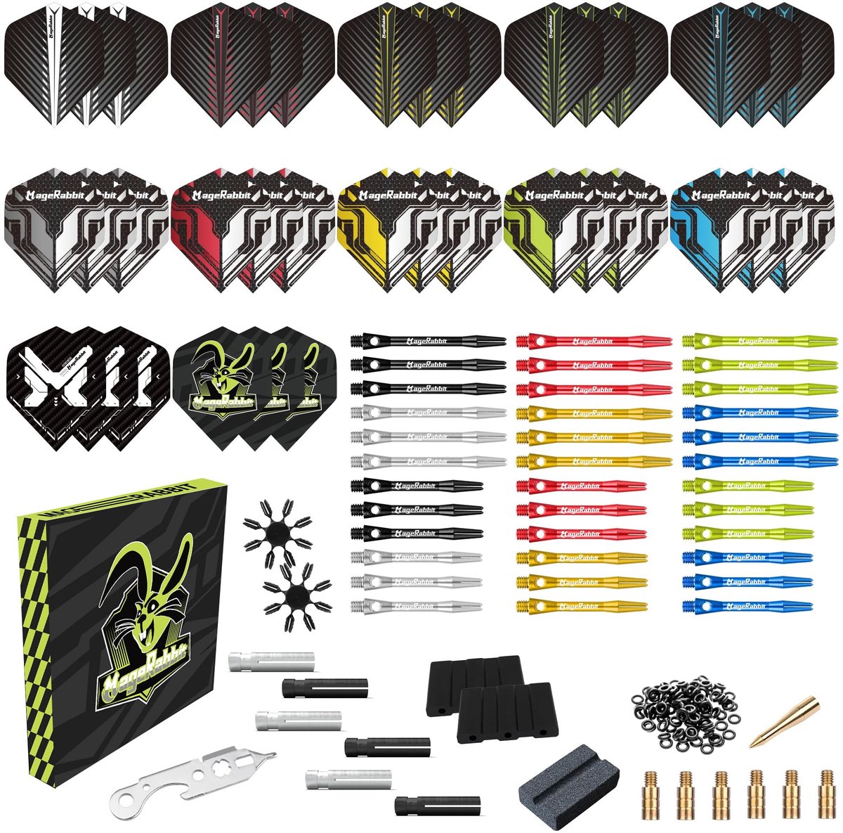 Dailygoods- Dartaccessoireset 36 Flights - 45 Schachten - Puntenslijper - Verwijdergereedschap - 50 Rubberen Ringen - 16 Vliegbeschermers - Dartset