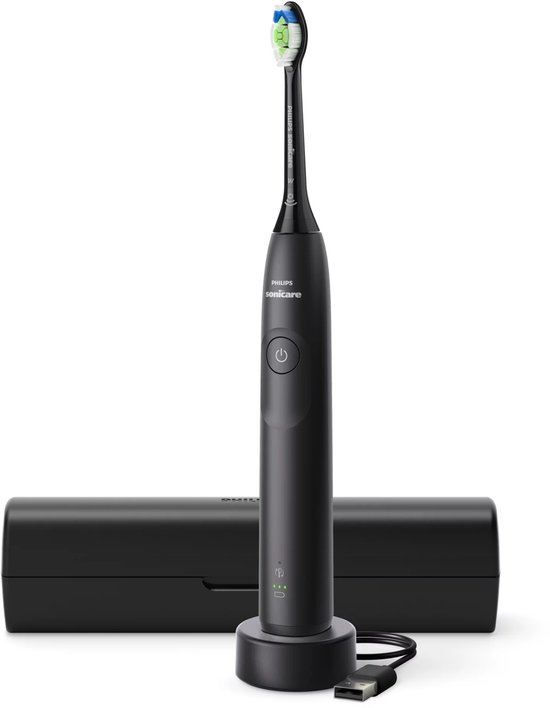 Zwarte Philips Sonicare elektrische tandenborstel met oplader en reisdoos.