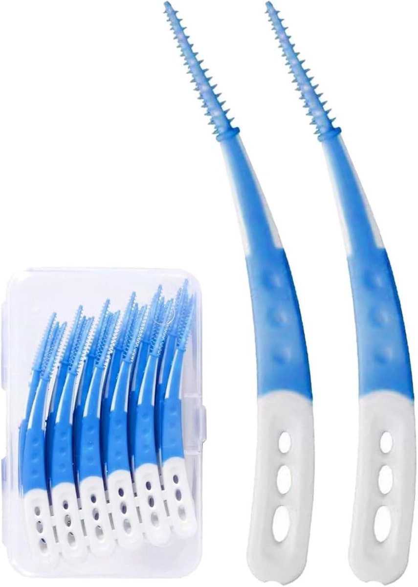 Dailygoods - 60 stuks interdentale borstels, siliconen, blauw, met doos, gebogen vorm, tussenborstels voor tandreiniging en profylaxe