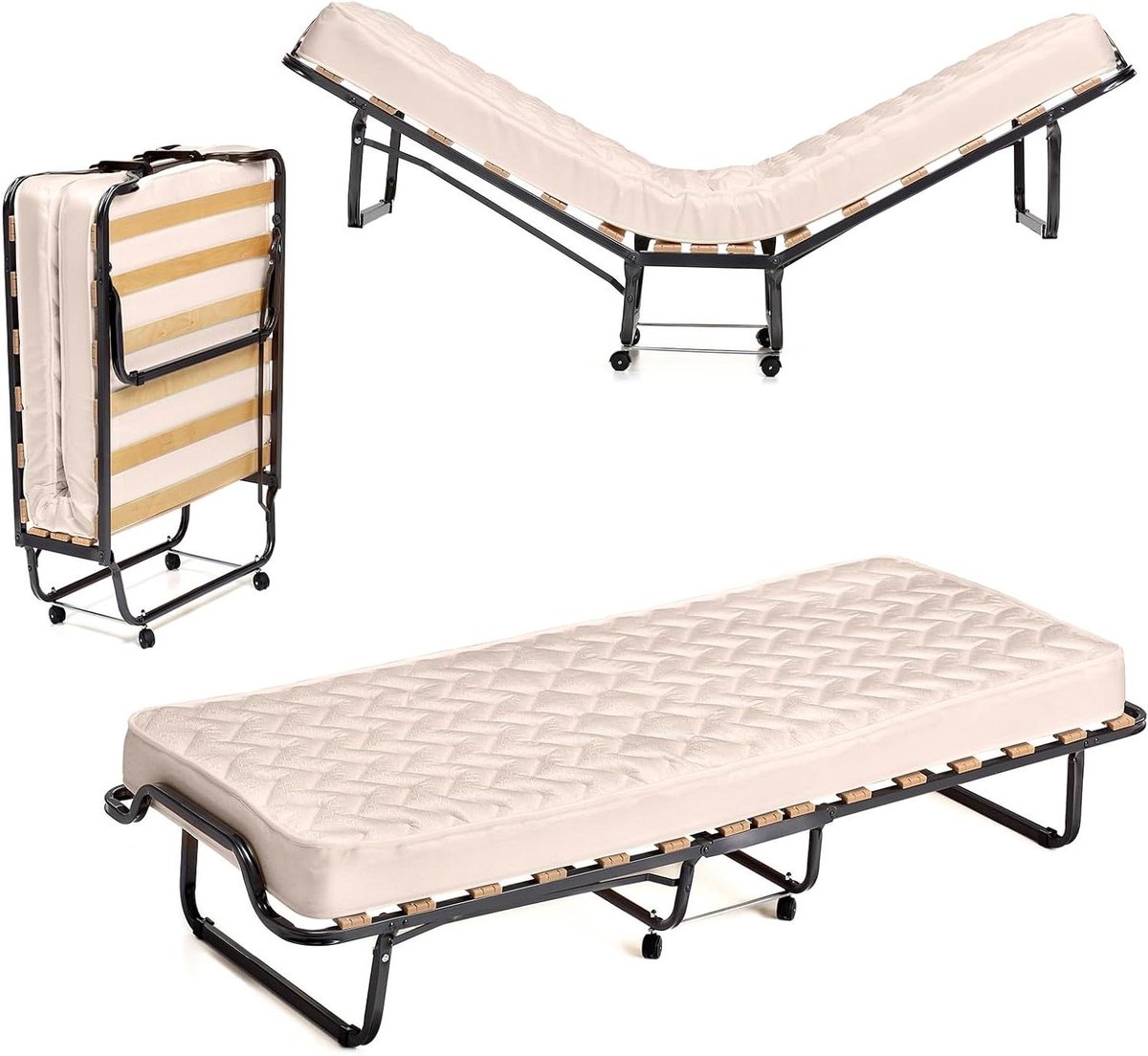 Opklapbed met matras - Logeerbed - Extra slaapplaats - Inclusief traagschuim - 80x200 cm - Beige