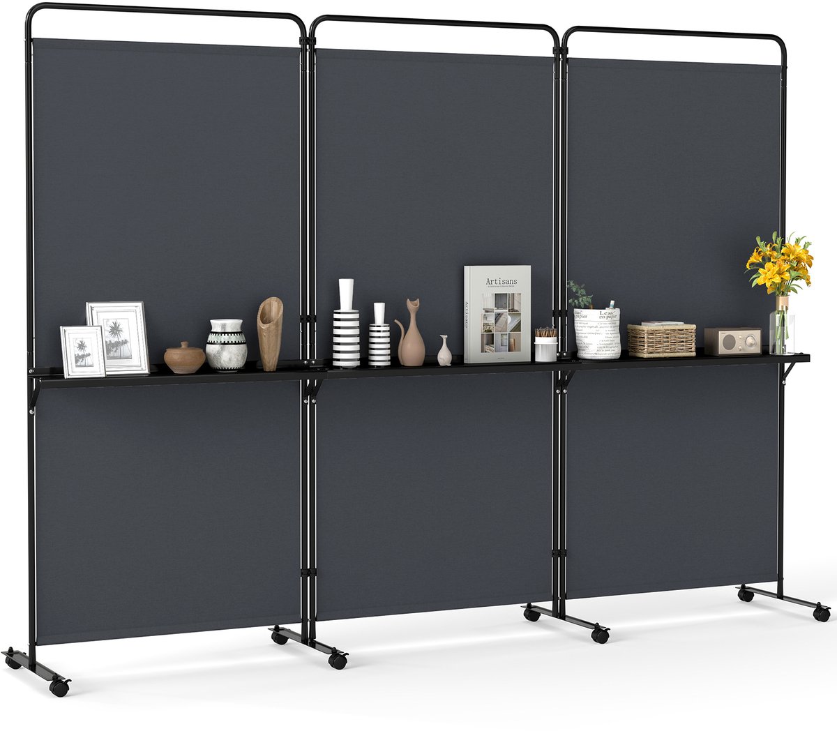 COSTWAY Paravent ruimteverdeler op wielen, opvouwbare scheidingswand, 3-delig, met 3 planken en metalen frame, inkijkbescherming voor kantoor, woonkamer, slaapkamer en tuin, 259 x 44 x 188 cm (grijs)