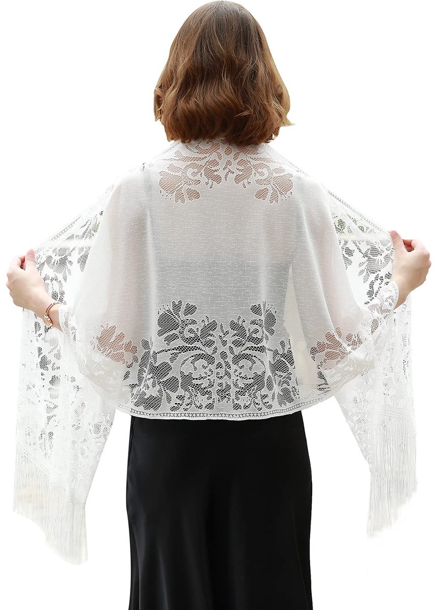 Dames Kant Sjaal met Bloemenmotief – Elegante Lichte Omslagdoek met Franje – Perfect voor Avondkleding, Bruiloften & Feestjes