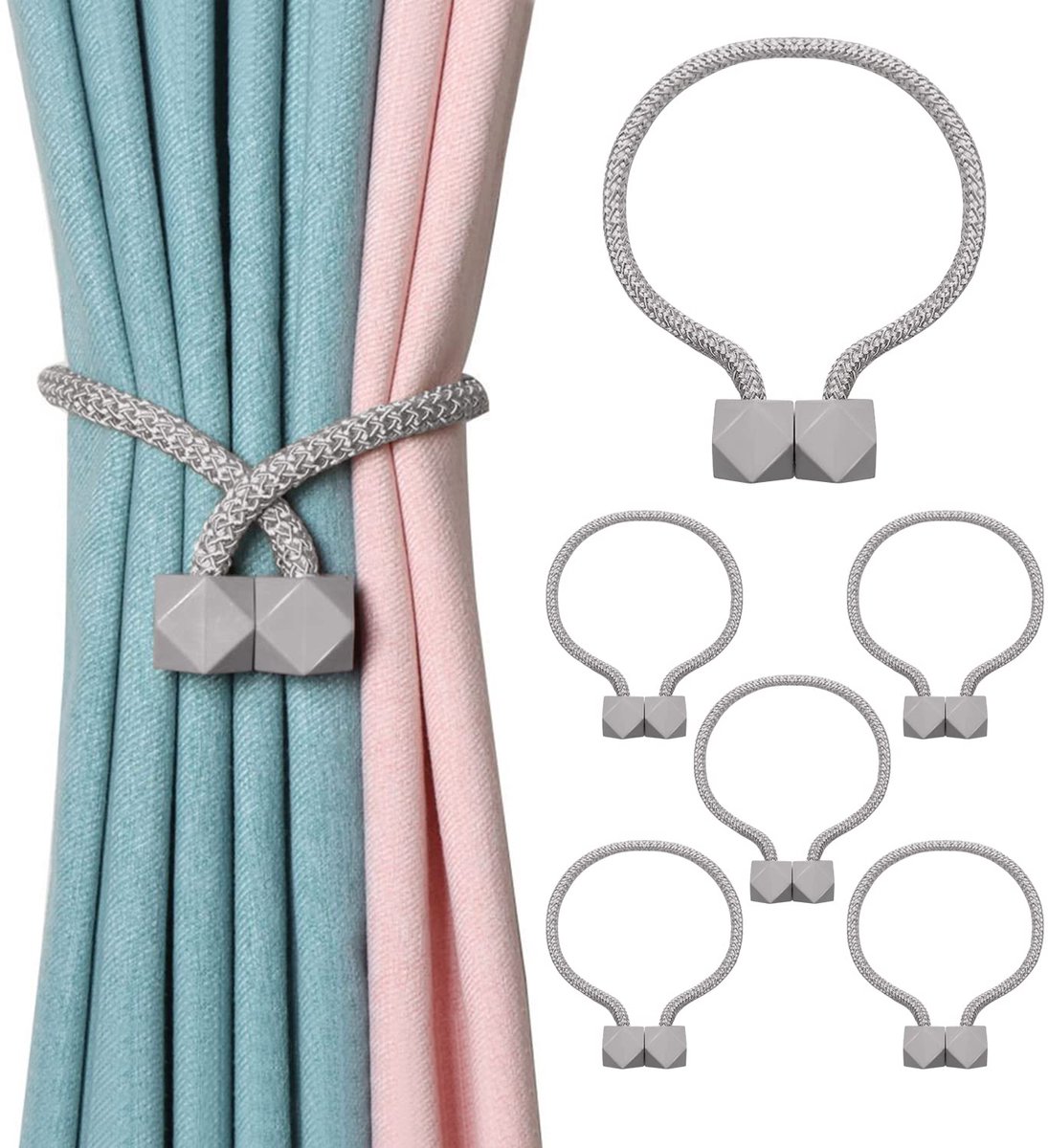 Gordijnhouders, gordijnhouders met touw en gespen, voor thuis en kantoor, decoratieve gordijnhouders (grijs)