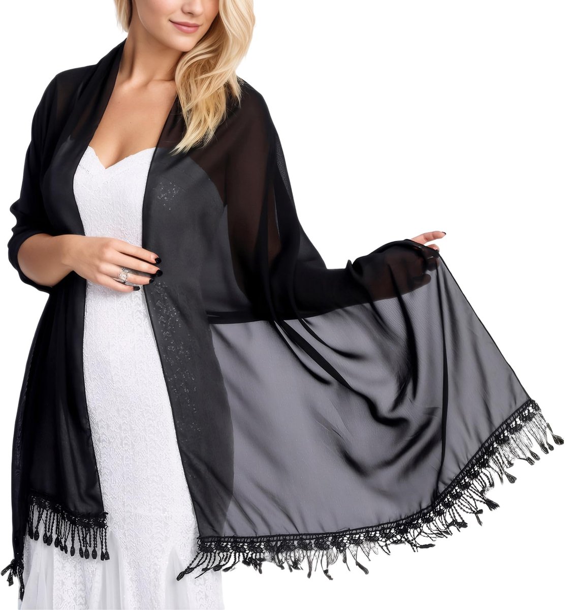 Sjaal voor dames, sjaal, bruiloft, halsdoek, pashmina-cape, chiffon, feestsjaal, met kwastjes, van kant, voor avondjurk