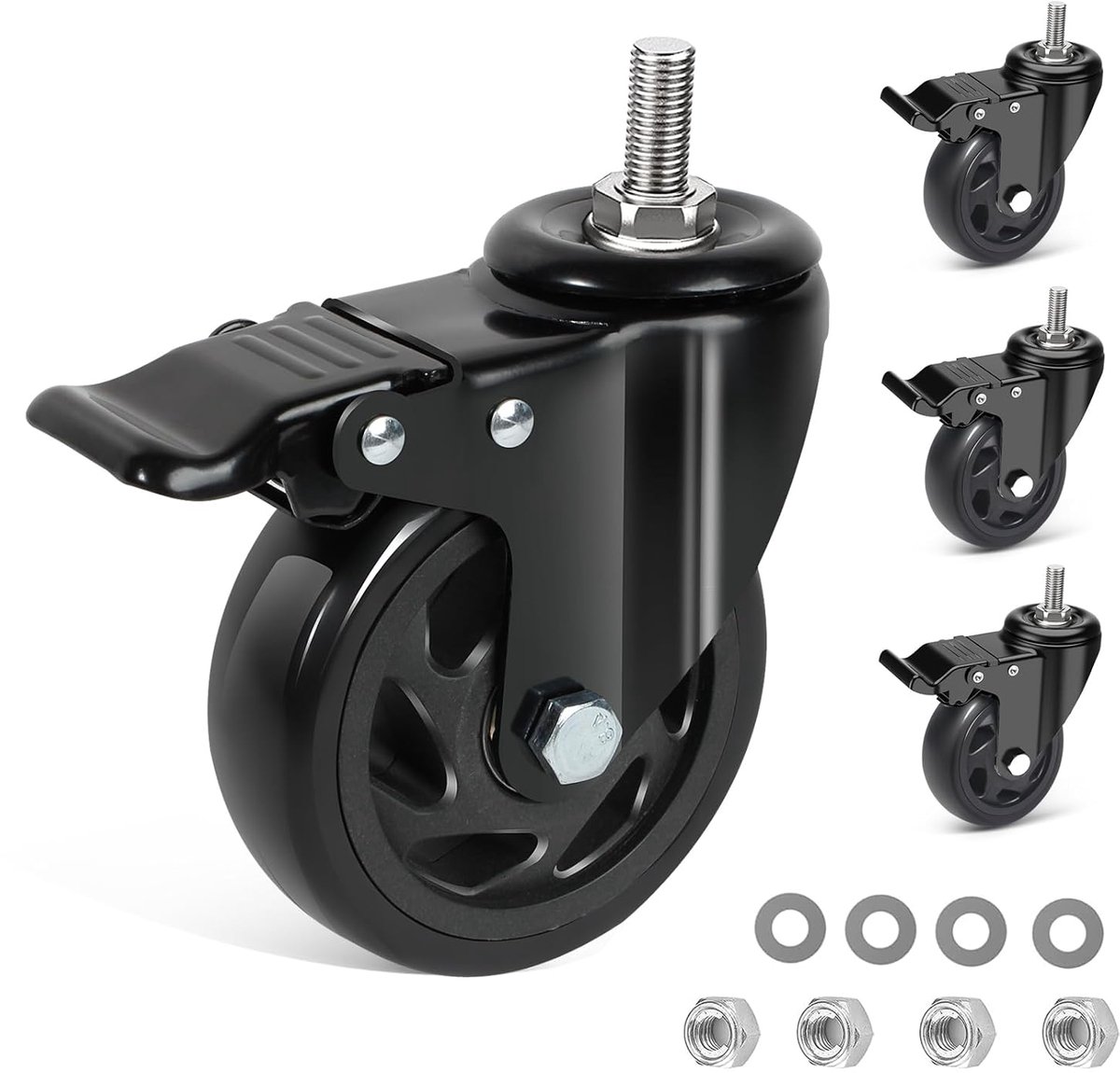 Zwenkwielen, 100 mm met rem, set van 4 meubelwielen met M12 x 1,75 x 30 mm schroef tot 550 kg, geen sporen en stille wielen voor zware lasten, transportwielen, 360° rotatie, wielen voor meubels