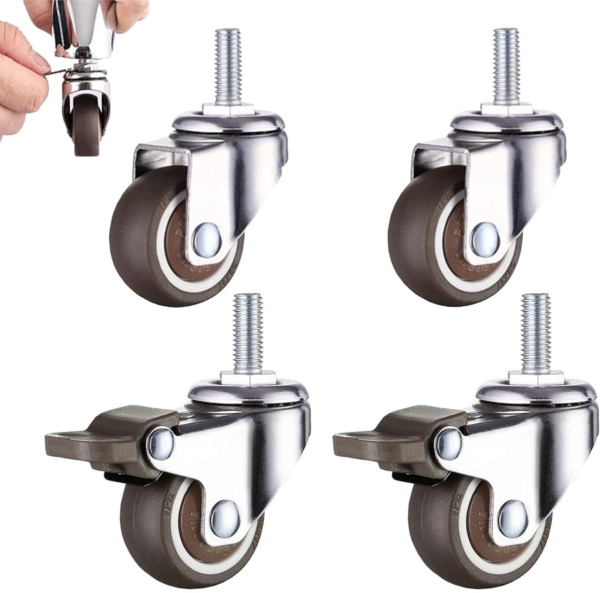 Zwenkwielen voor meubels, 4 stuks, M6 x 15 mm met schroefdraad, kleine zwenkwielen, 25 mm geluidsarme meubelwielen, 360 graden draaibaar, rubberen meubelwielen met 2 remmen en 2 rem, voor meubels