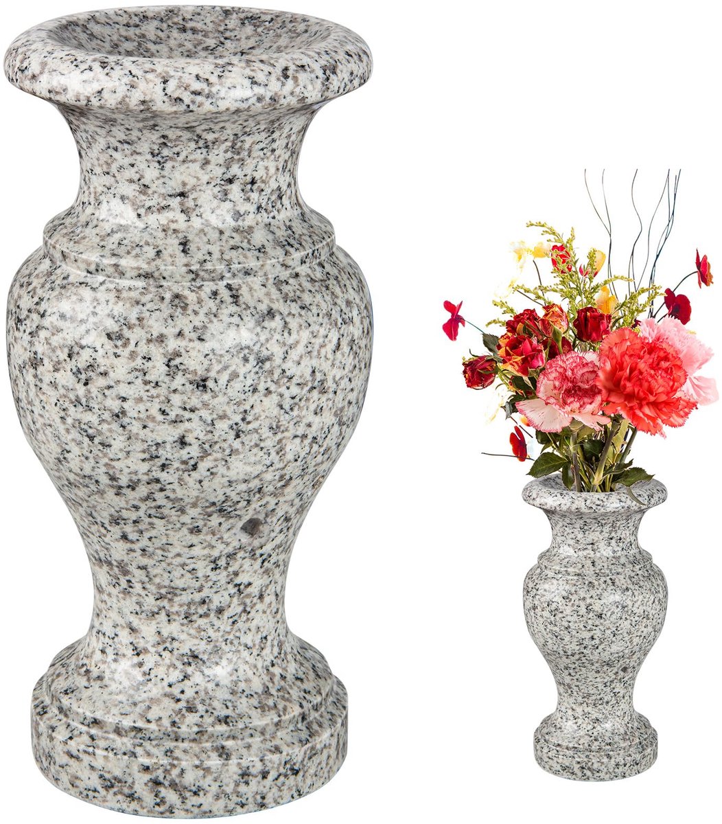Vaas, gedraaide granieten vaas, gepolijst, grafstenen vaas met afvoergaten voor de tafel thuis, begraafplaatsbloemen, grafsteen decoraties (grijs, 1 stuks)