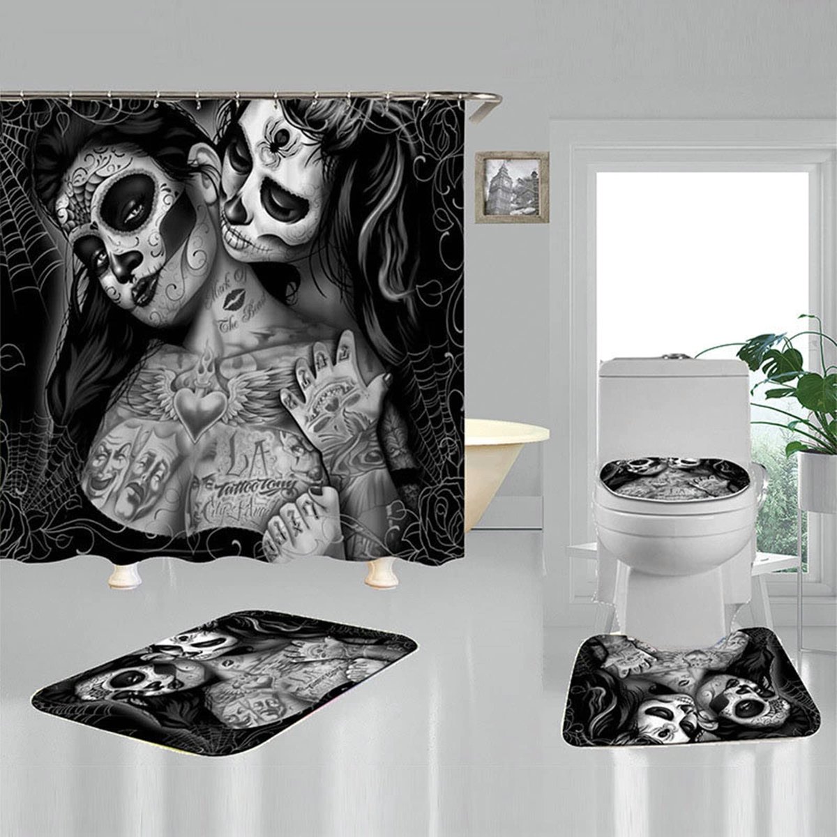 Douchegordijn, anti-schimmel waterdichte gordijnen gothic doodshoofd tattoo vrouwen polyester badgordijn voor badkamer vloermat douchegordijn set incl. 12 douchegordijnringen 180 x 200 cm