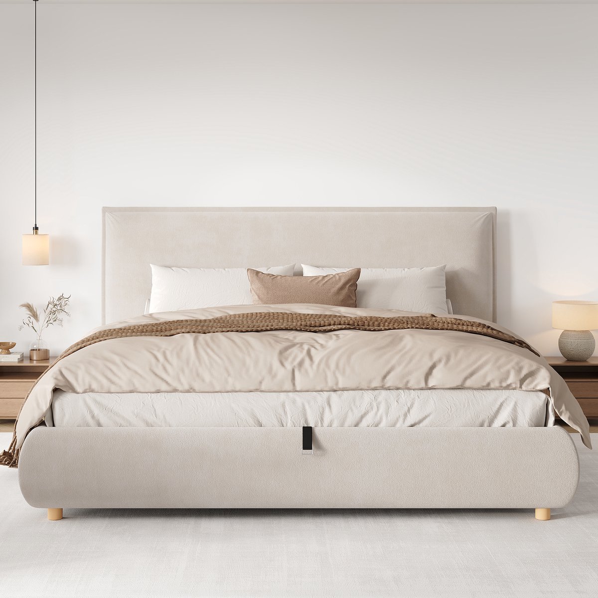 Wishdor Tweepersoonsbed 180x200 cm - Hydraulisch opbergbed met lattenbodem en hoofdbord - Samt - Crème - Voor volwassenen - 218 x 194 cm