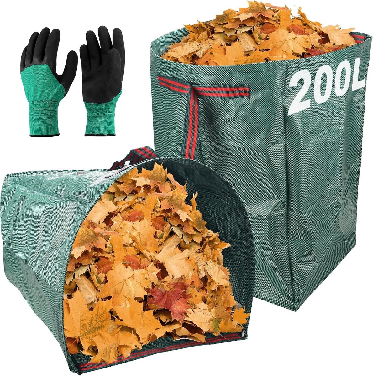 Ruimtebesparende tuinzakken 2x200L voor tuinafval, bladeren en gras, met handgrepen en opvouwbaar ontwerp, inclusief handschoenen voor groen snijden