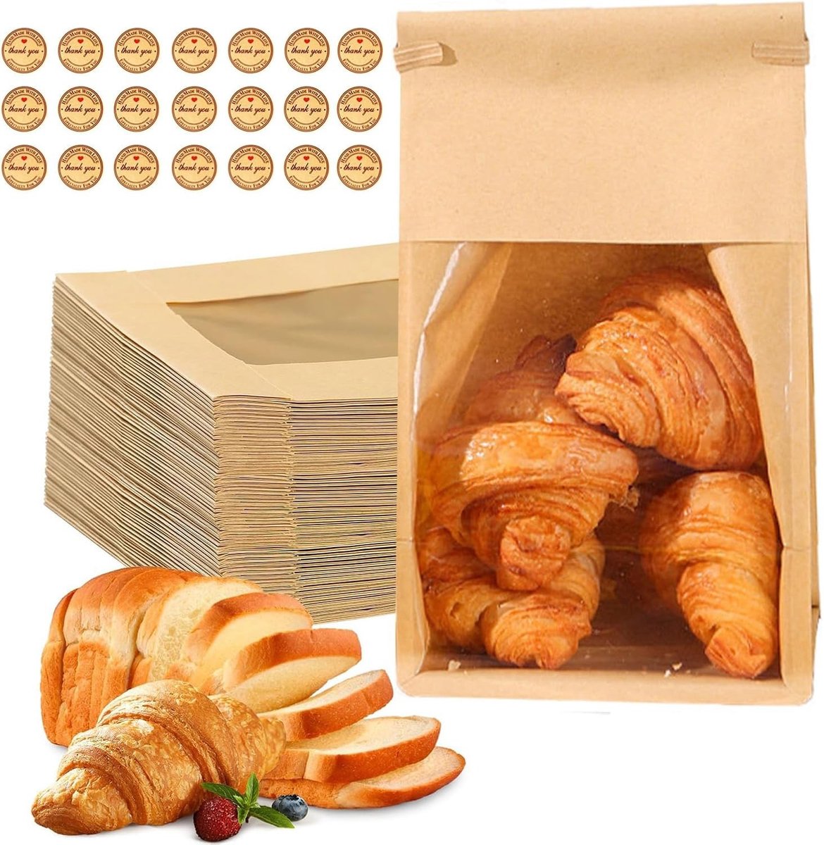 Duurzame papieren broodzakken met doorzichtig venster voor ambachtelijk brood en bakproducten - 20 stuks