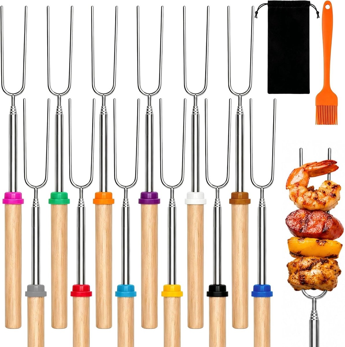 Set van 12 telescopische grillspiesen voor kampvuur, barbecue en tuinfeesten - RVS roestvrijstalen spiesen van 31cm tot 81cm voor eenvoudig roosteren