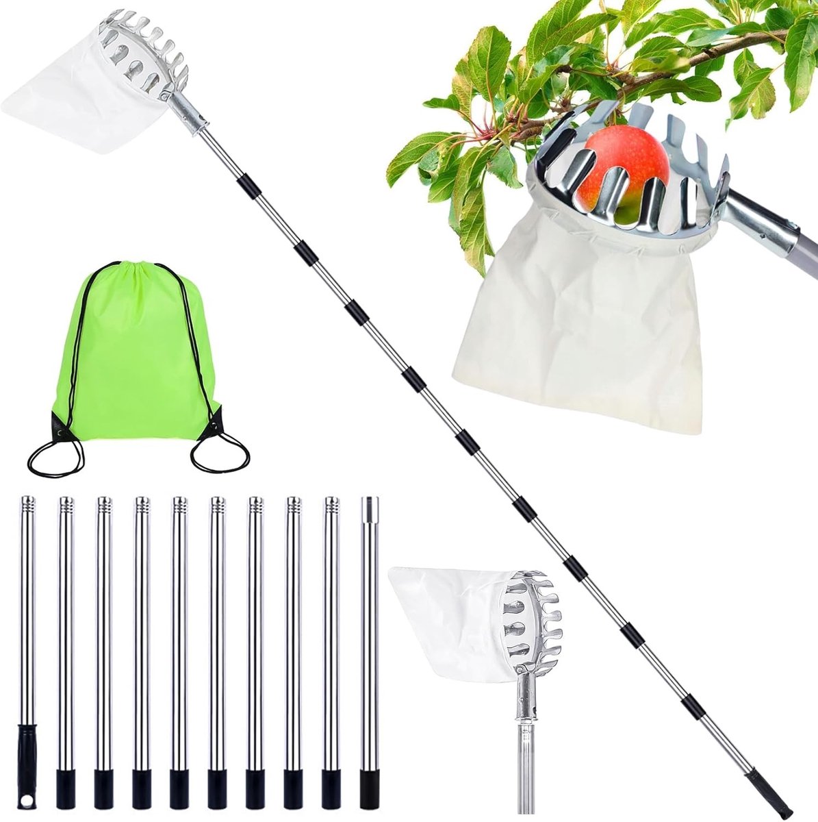 Fruitplukker met RVS Telecopische Steel en Doek - Ideaal voor Appels, Peren en Kersen, 4.2 m