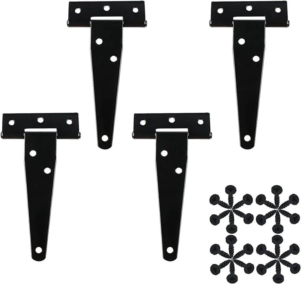 Vier stevige T-vormige scharnieren, zwart, Geschikt voor schroeven, Geschikt voor schuurdeuren, houten schuttingen, tuinpoorten en ramen (7,6 cm).
