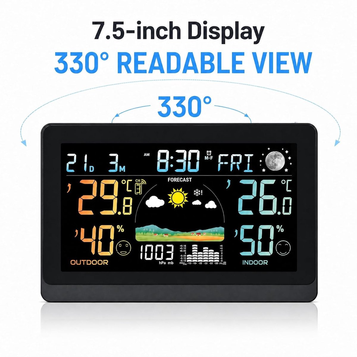 Weerstation - Kleur - 7,5 inch - Draadloos VA-display met Binnen- en Buitentemperatuur - Voor Thuisgebruik
