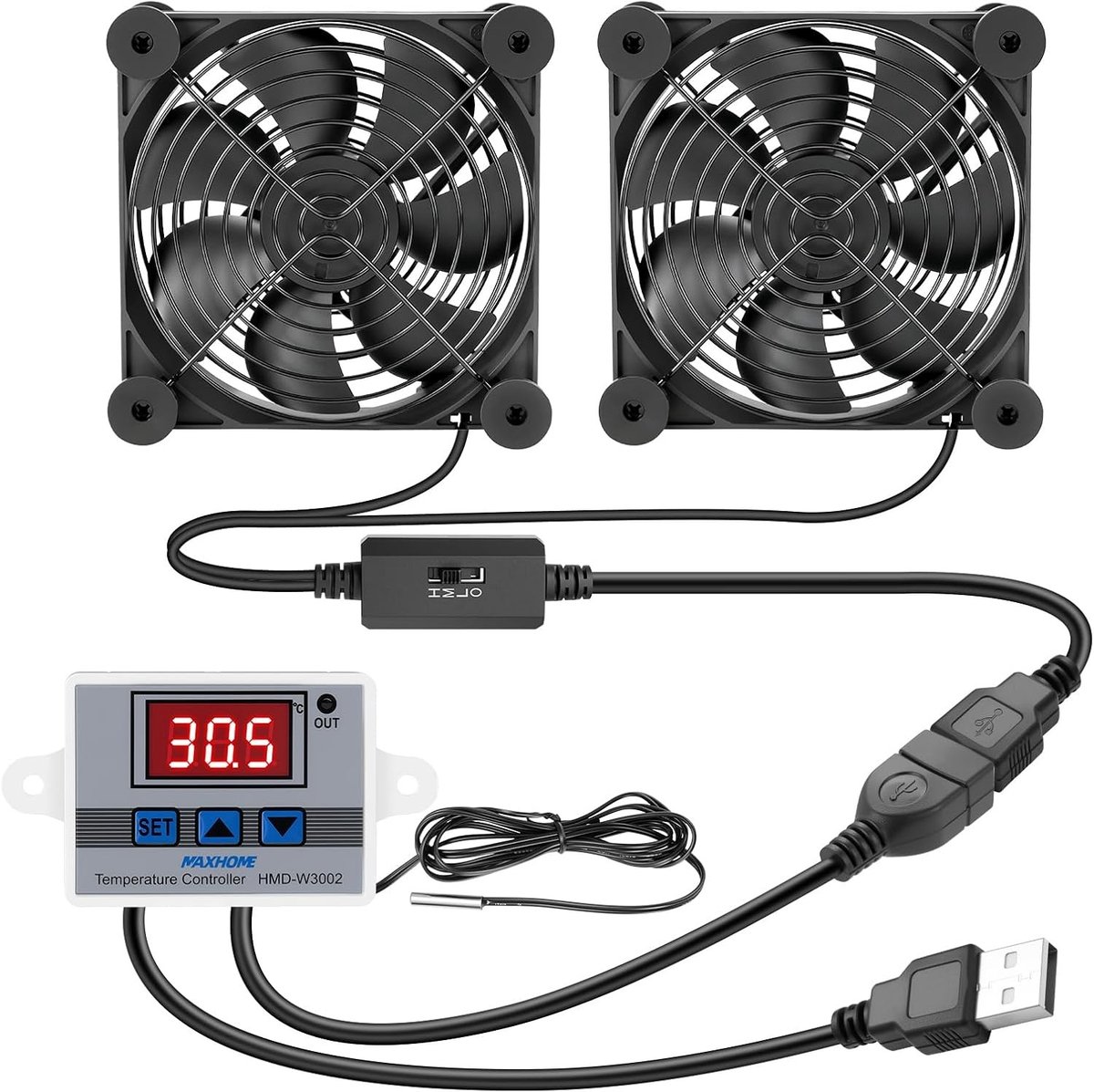 USB Ventilator - Zwart - 120 mm - Met Digitale Temperatuurregeling en Drie Snelheden - Voor PC en Laptop